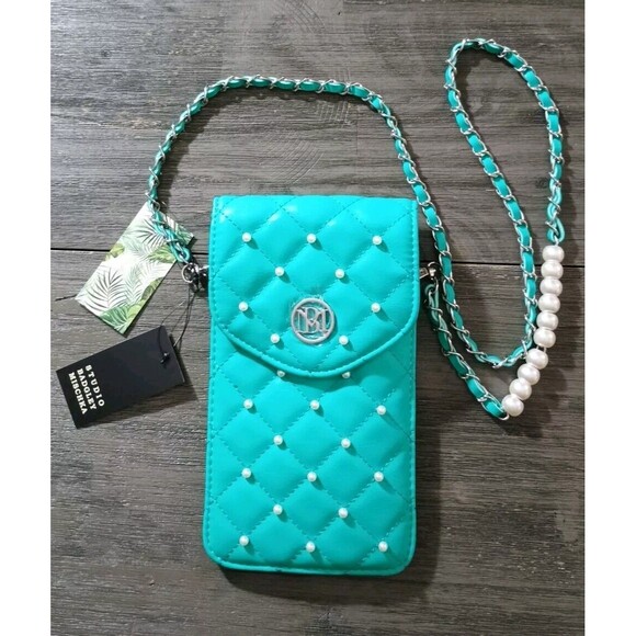 Badgley Mischka Teal Pearl Accent Quilted Crossbody Purse Phone Case New - Picture 1 of 8